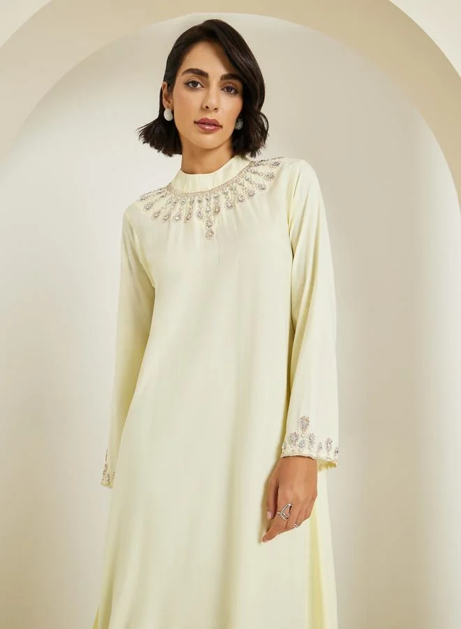 Amirah Women Cream Embellished A-Line Jalabiya