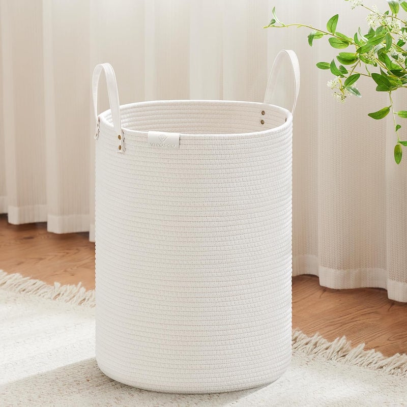 VIPOSCO Tall Laundry Basket, Large Dirty Clothes Hamper with Leather Handle, Woven Rope Storage Basket for Blanket, Toy In Living Room, Bathroom, Bedroom - 58L White - Image 1