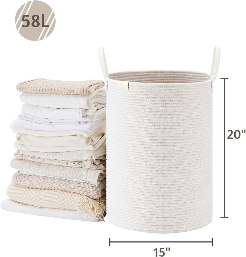 VIPOSCO Tall Laundry Basket, Large Dirty Clothes Hamper with Leather Handle, Woven Rope Storage Basket for Blanket, Toy In Living Room, Bathroom, Bedroom - 58L White - Image 5