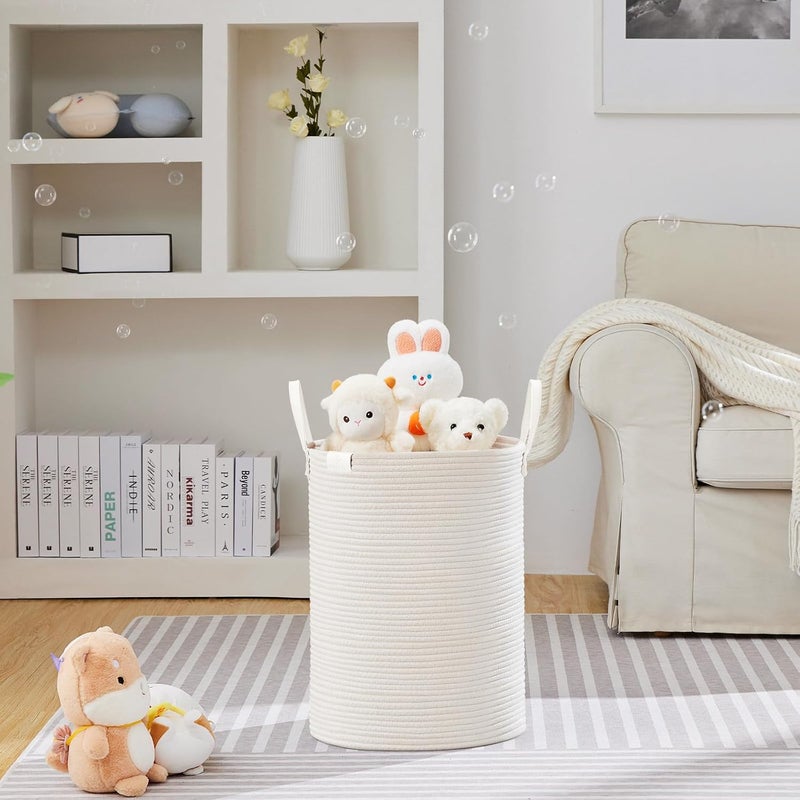VIPOSCO Tall Laundry Basket, Large Dirty Clothes Hamper with Leather Handle, Woven Rope Storage Basket for Blanket, Toy In Living Room, Bathroom, Bedroom - 58L White - Image 2