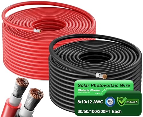 Bateria Power مجموعة كابل الطاقة الشمسية 50 قدم أسود و50 قدم أحمر، 10AWG (6mm²) كابل تمديد لوح شمسي من النحاس المعلب للاستخدام الخارجي في أنظمة الطاقة الشمسية المستقلة للمنازل والسيارات والقوارب البحرية - Image 1