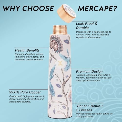 MERCAPE® - 100% Meena Print Pure Copper Water Bottle | Leak Proof, Durable & Rust Proof | Non-Toxic & BPA Free Bottles | Eco Friendly Water Bottle (900 ml) with 2 Glass 300 ML Each. - Image 4