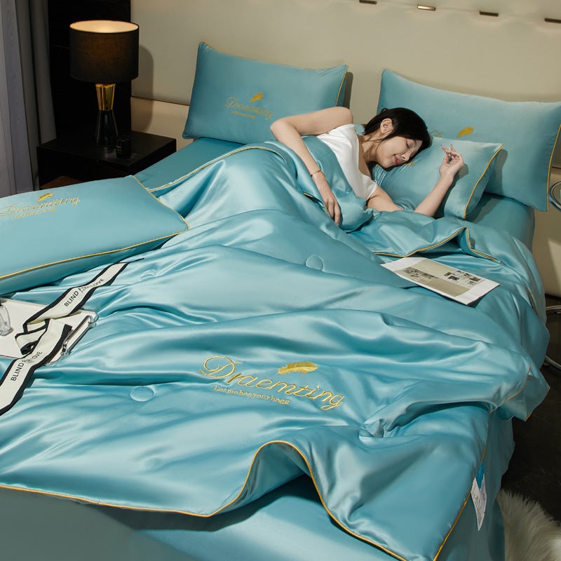 Summer Quilt Four-Piece Air Conditioner Quilt Cool Washable Silk Ice Silk Piping Embroidery Tencel Bedding - Image 1