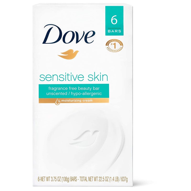 Dove Bath Bars, Sensitive Skin, Unscented 6-4 oz (113 g) bars [24 oz (1.5 lb) 678 g] (Packaging may vary) - Image 1