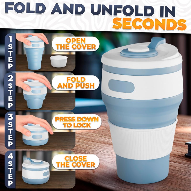 Tesorrio 2-Pack Ð¡ollapsible Cups for Traveling Reusable â€“ 12oz Leakproof Coffee Travel Mug, Silicone, Foldable & Portable for Hiking, Camping, Office | Lightweight Collapsible Coffee Cups for Outdoor Use - Image 5