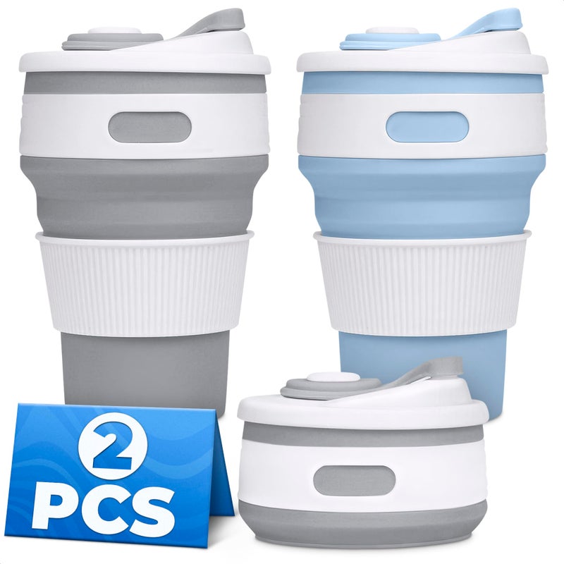 Tesorrio 2-Pack Ð¡ollapsible Cups for Traveling Reusable â€“ 12oz Leakproof Coffee Travel Mug, Silicone, Foldable & Portable for Hiking, Camping, Office | Lightweight Collapsible Coffee Cups for Outdoor Use - Image 1