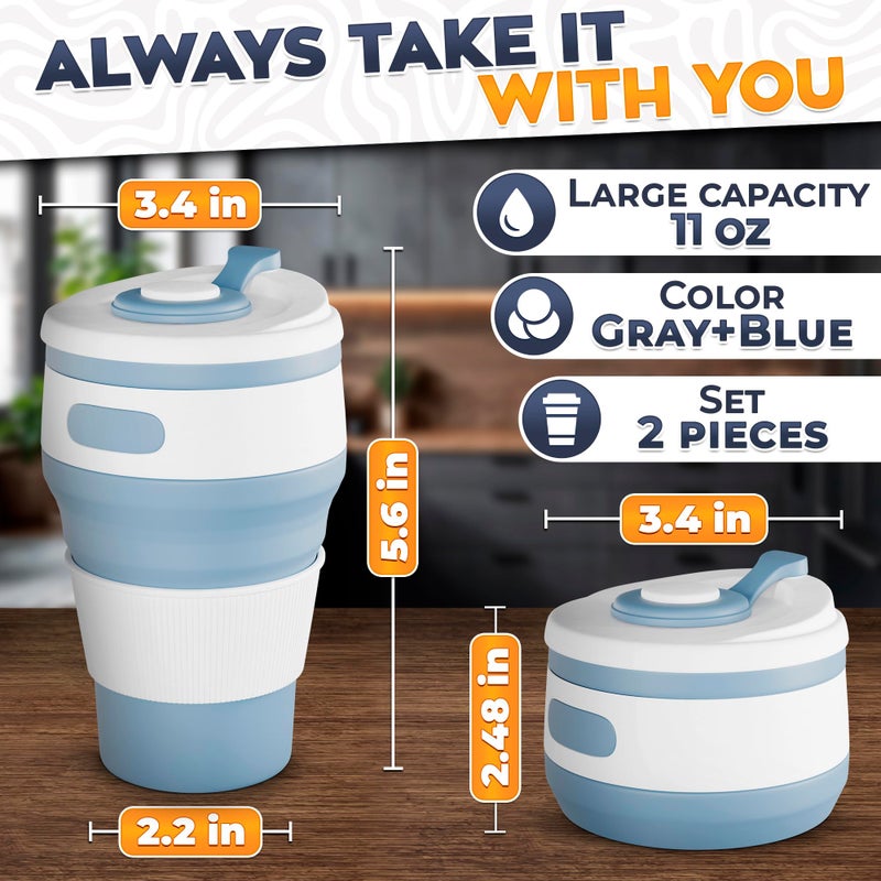 Tesorrio 2-Pack Ð¡ollapsible Cups for Traveling Reusable â€“ 12oz Leakproof Coffee Travel Mug, Silicone, Foldable & Portable for Hiking, Camping, Office | Lightweight Collapsible Coffee Cups for Outdoor Use - Image 2