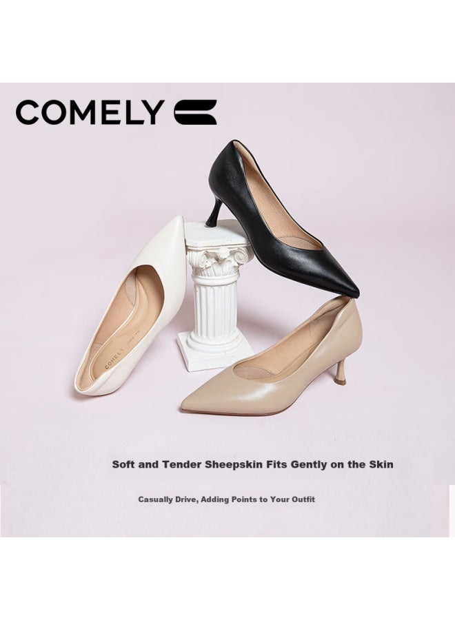 Comely Women's High Heels Thin Heel Spring Pointed Single Shoes Soft Bottom Fashion Simple Professional Work Shoes Pink Apricot Color 35 - Image 2