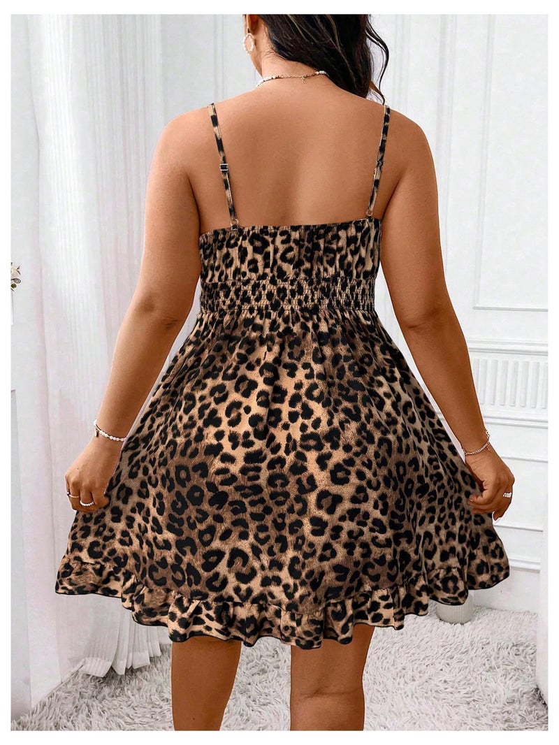 Verdusa Women's Plus Size Leopard Print Mini Dress Ruffle Flowy Rave Club Sleeveless Y2K Dresses Khaki XX-Large Plus - Image 2