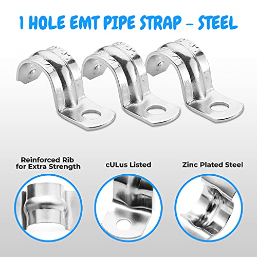OHLECTRIC Heavy Duty Pipe Strap (100 Pack - 1 Inch) Zinc-Plated Steel EMT Conduit Clamps - 1 Hole Reinforced Rib Design - Snap-On Installation - Metal Pipe Strap for EMT Conduits - Image 3