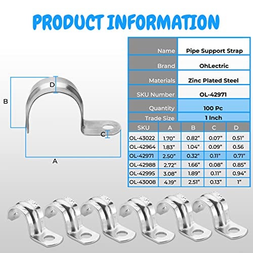 OHLECTRIC Heavy Duty Pipe Strap (100 Pack - 1 Inch) Zinc-Plated Steel EMT Conduit Clamps - 1 Hole Reinforced Rib Design - Snap-On Installation - Metal Pipe Strap for EMT Conduits - Image 2