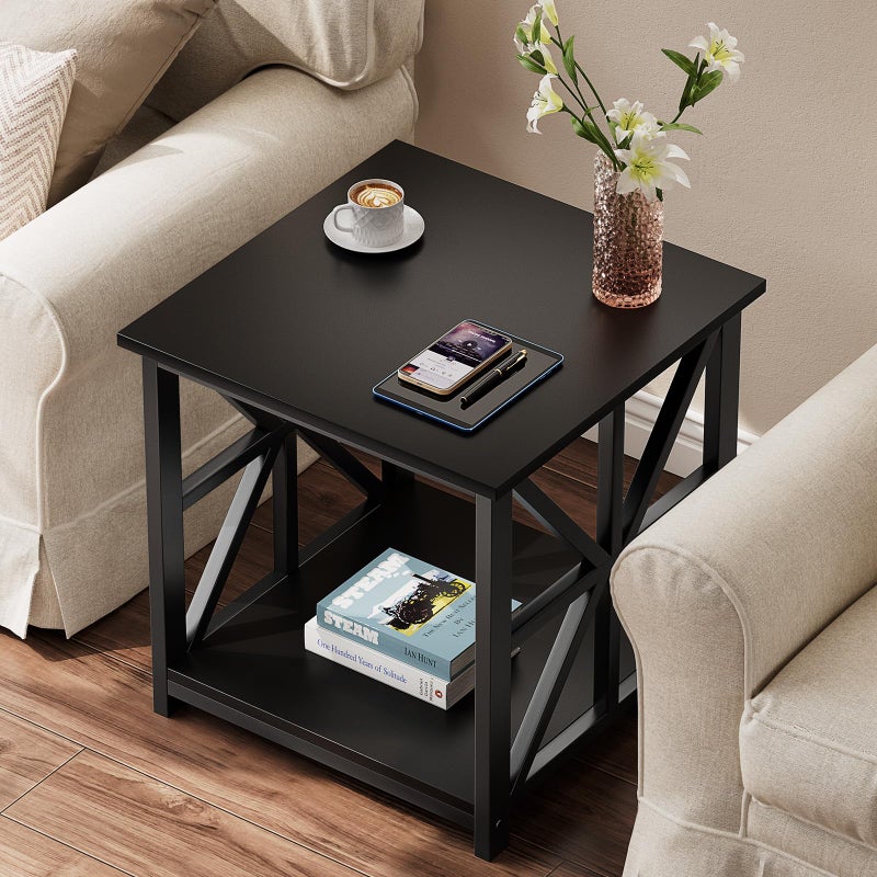 GreenForest End Table with 2-Tier Storage Shelf, 24 inch Large Side Table for Living Room, Modern Nightstand for Bedroom Bedside Office Farmhouse, Black - Image 3