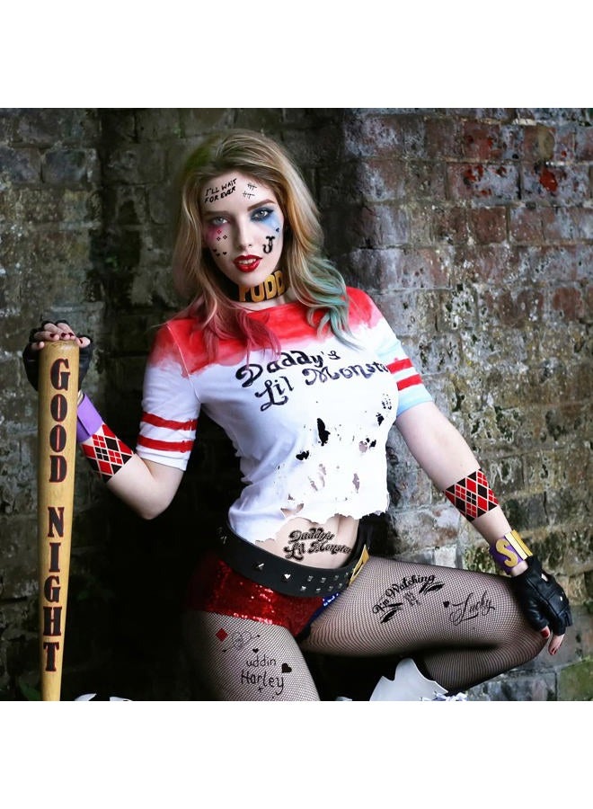 Kotbs 3 Sheets Cosplay-Inspired HARLI QUYNN Temporary Tattoos – Halloween Tattoo Stickers for Men, Women, and Kids – Clown Girl Design Fake Tattoos for Halloween, Cosplay, and Costume Parties - Image 3