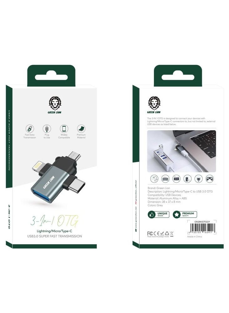 جرين ليون - كابل OTG 3 في 1 من Green Lion (Lightning / Micro / Type-C) - رمادي - Image 1