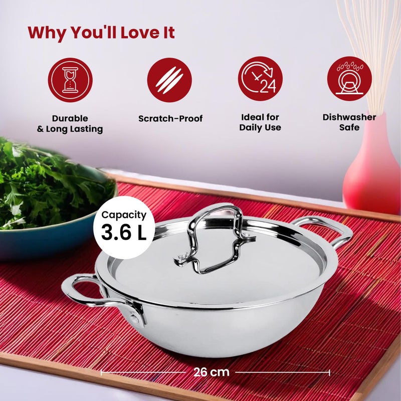 Homestic 3.6L Stainless Steel Triply Frying Pan | Kadai for Cooking with Handle & Lid | Deep Fry Cookware Wok for Kitchen | Gas & Induction Base Cooking Chinese Karahi | Silver - Image 3