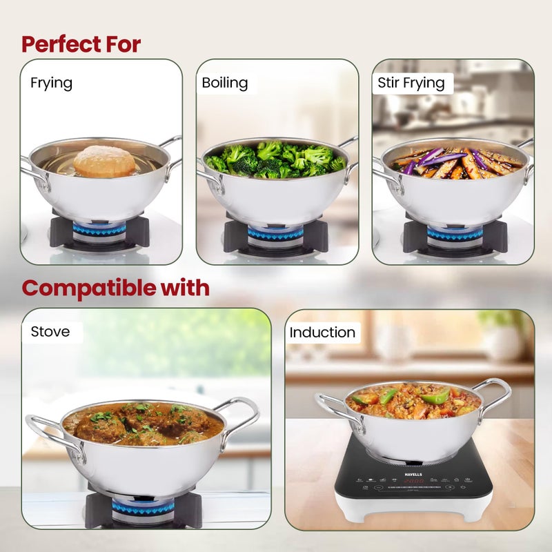 Homestic 3.6L Stainless Steel Triply Frying Pan | Kadai for Cooking with Handle & Lid | Deep Fry Cookware Wok for Kitchen | Gas & Induction Base Cooking Chinese Karahi | Silver - Image 5