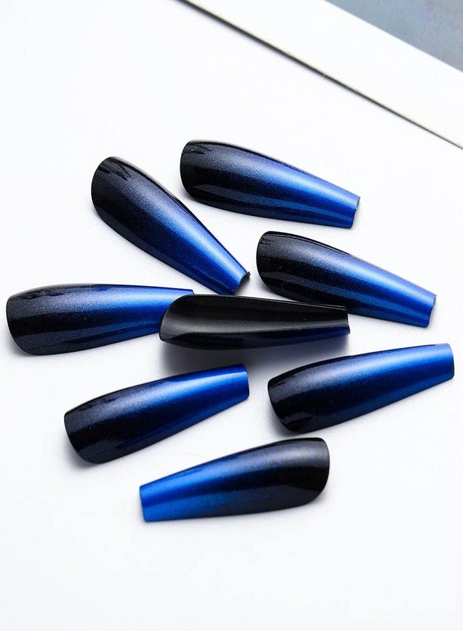 Outyua Ombre Extra Long Press on Nails Coffin Fake Nails Ballerina False nails Acrylic Halloween Christmas Nails for Women and Girls 24Pcs (Black and Blue) - Image 2