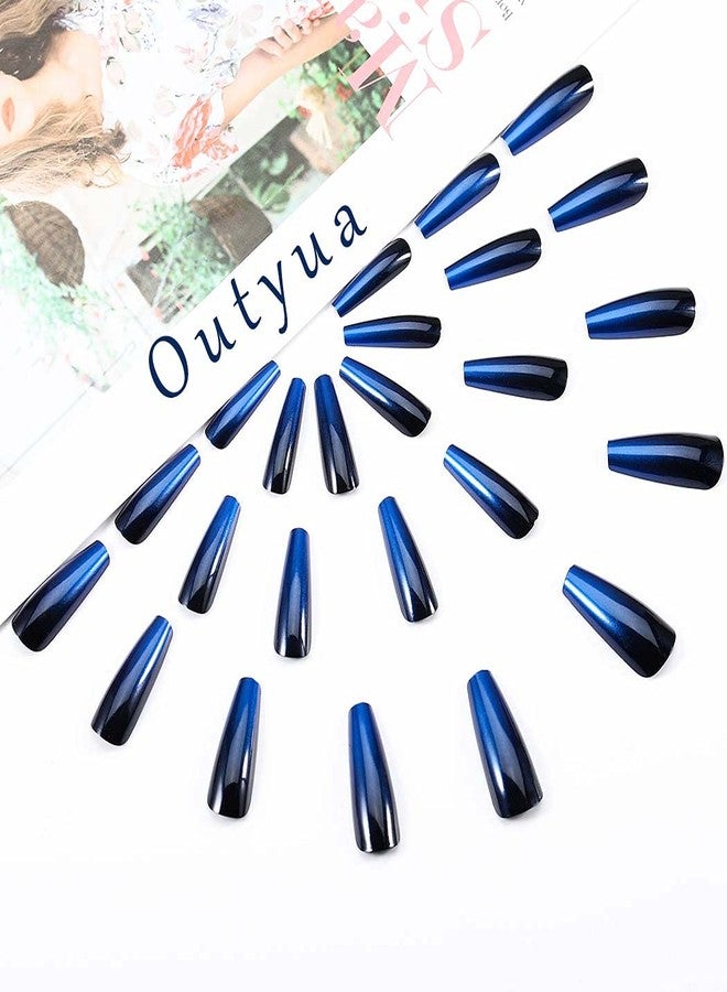 Outyua Ombre Extra Long Press on Nails Coffin Fake Nails Ballerina False nails Acrylic Halloween Christmas Nails for Women and Girls 24Pcs (Black and Blue) - Image 3