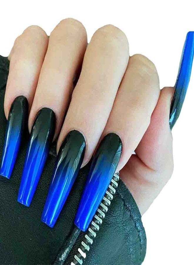 Outyua Ombre Extra Long Press on Nails Coffin Fake Nails Ballerina False nails Acrylic Halloween Christmas Nails for Women and Girls 24Pcs (Black and Blue) - Image 1