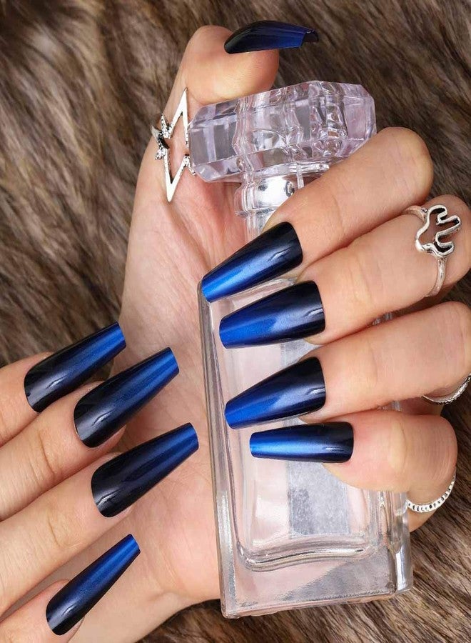 Outyua Ombre Extra Long Press on Nails Coffin Fake Nails Ballerina False nails Acrylic Halloween Christmas Nails for Women and Girls 24Pcs (Black and Blue) - Image 5