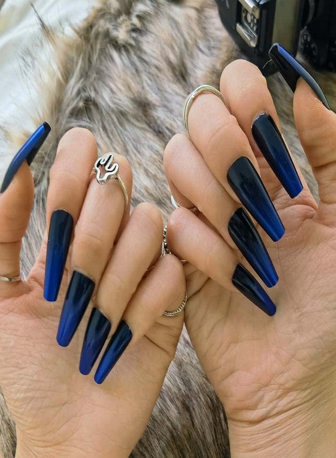 Outyua Ombre Extra Long Press on Nails Coffin Fake Nails Ballerina False nails Acrylic Halloween Christmas Nails for Women and Girls 24Pcs (Black and Blue) - Image 4