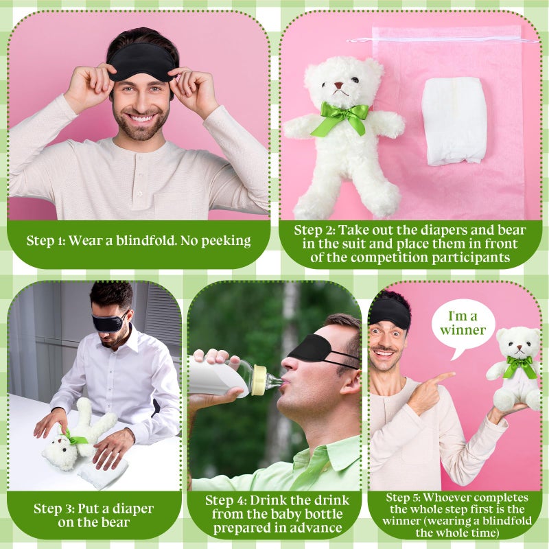 Yearntown 6 Set Bottle Chug Bear Baby Shower Games White Blindfolded Diaper Changing Games Kits Bottles Diapers Blindfold Eye Masks Tan Brown Bear Baby Shower Party Guest Gifts - Image 2