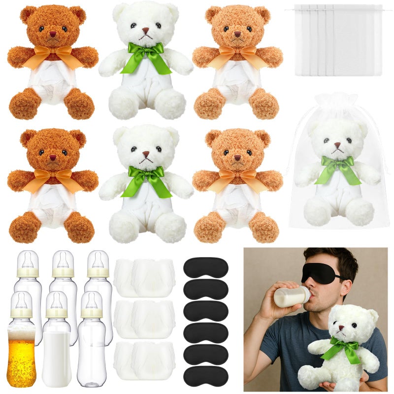 Yearntown 6 Set Bottle Chug Bear Baby Shower Games White Blindfolded Diaper Changing Games Kits Bottles Diapers Blindfold Eye Masks Tan Brown Bear Baby Shower Party Guest Gifts - Image 1