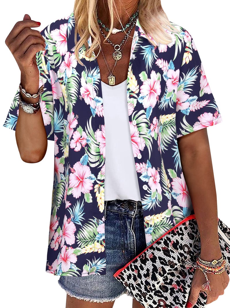 ZXZY Women Summer Hawaii Shirts Soft Cool Floral Tropic Print Short Sleeve Button Up Tops T-Shirt Blue - Image 1