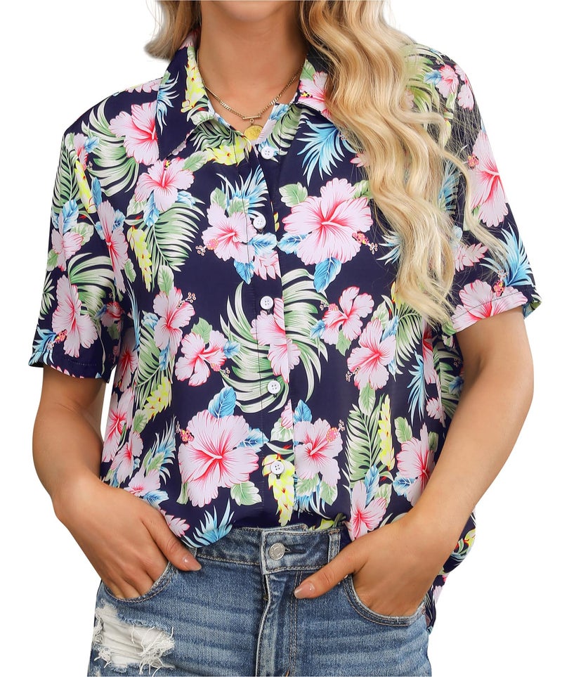 ZXZY Women Summer Hawaii Shirts Soft Cool Floral Tropic Print Short Sleeve Button Up Tops T-Shirt Blue - Image 3