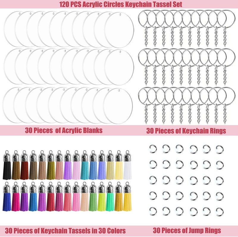 JINMURY 120 Pcs 2 Inch Acrylic Keychain Blanks | Clear Acrylic Circle Discs with Hole, Come with Silver 30 Tassles and 30 Keychain Rings, Perfect for DIY Keepsake, Monogram Keychains - Image 4