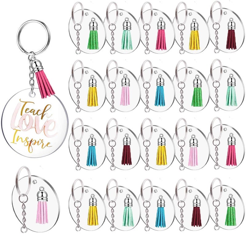 JINMURY 120 Pcs 2 Inch Acrylic Keychain Blanks | Clear Acrylic Circle Discs with Hole, Come with Silver 30 Tassles and 30 Keychain Rings, Perfect for DIY Keepsake, Monogram Keychains - Image 1