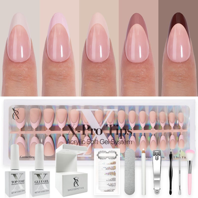 SXC Cosmetics French Tip Press On Nails - Skin Tone Nude and Color Series, Medium Almond X-Pro Tips Starter Kit ST115KIT - Image 1