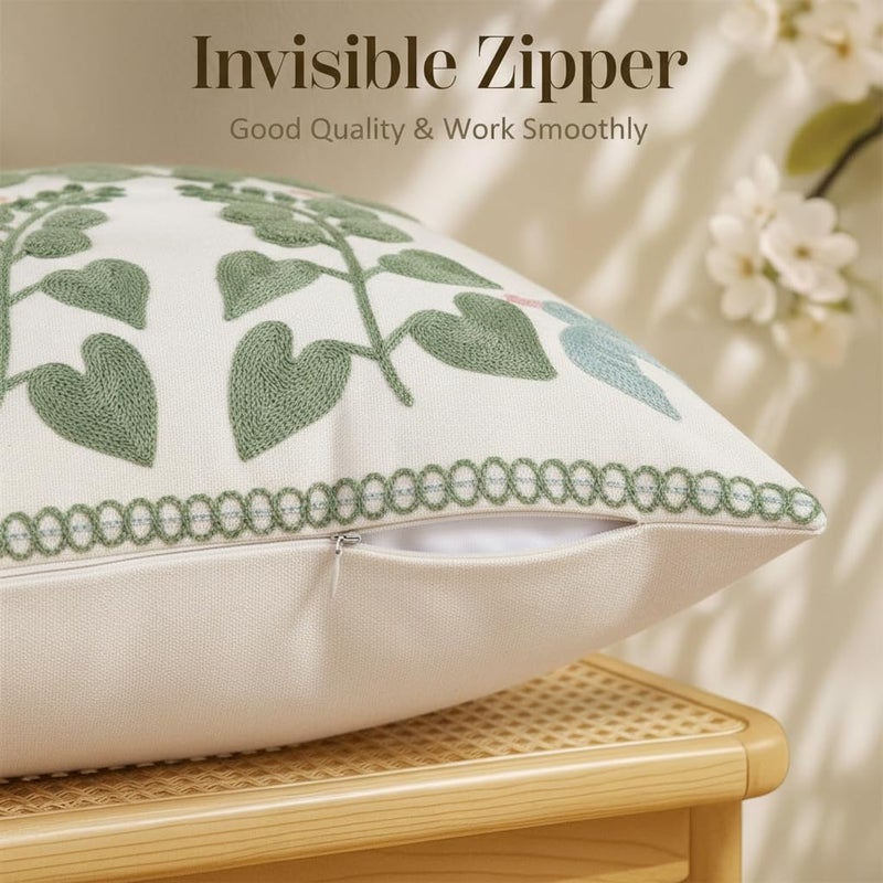 KITTMIN Embroidered Pillow Covers 18x18 Set of 2 Sage Blue and Green Floral Throw Pillow Covers Decorative Farmhouse Spring Boho Accent Cushion Cases for Couch Sofa Bedroom Living Room Home Decor - Image 4