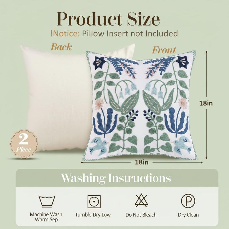 KITTMIN Embroidered Pillow Covers 18x18 Set of 2 Sage Blue and Green Floral Throw Pillow Covers Decorative Farmhouse Spring Boho Accent Cushion Cases for Couch Sofa Bedroom Living Room Home Decor - Image 2