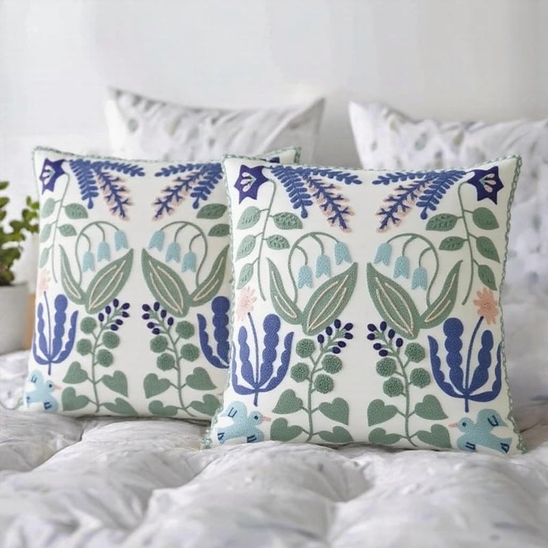 KITTMIN Embroidered Pillow Covers 18x18 Set of 2 Sage Blue and Green Floral Throw Pillow Covers Decorative Farmhouse Spring Boho Accent Cushion Cases for Couch Sofa Bedroom Living Room Home Decor - Image 1
