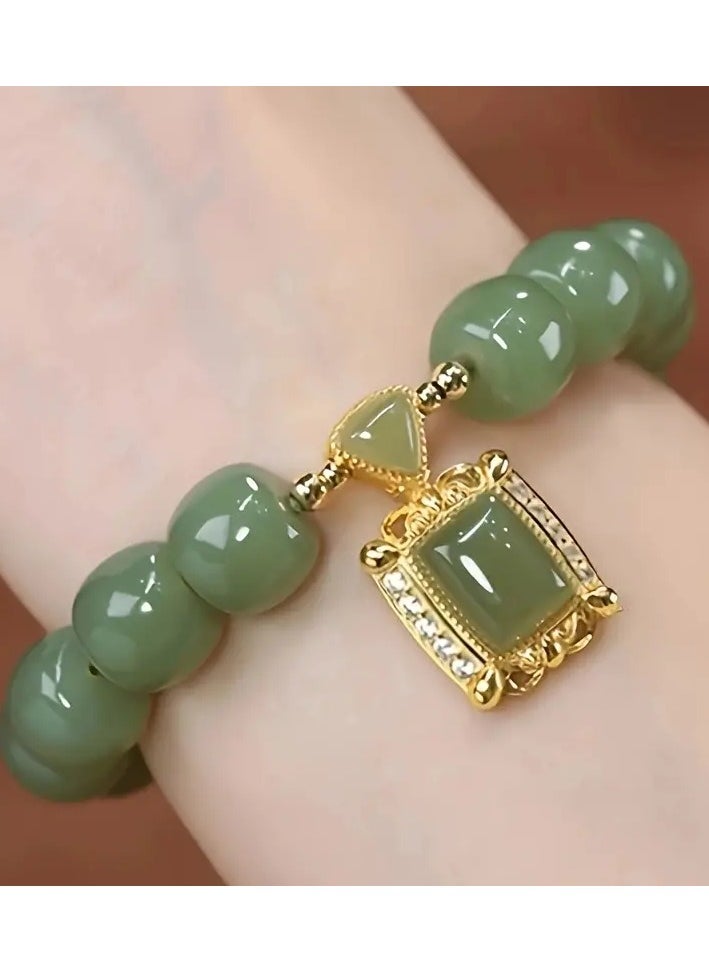 جلوسكي 1pc Green Faux Jade Beaded Bracelet Elegant Hand Jewelry Decoration Chinese Style  - Image 5