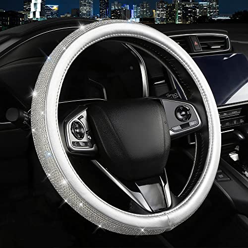 XIANGDING Bling Diamond Steering Wheel Cover Leather Steering Wheel Covers for Women Girls with Crystal Rhinestones Breathable AntiSlip Universal Fit 14515 Inch Bling Car AccessoriesSilver - Image 1