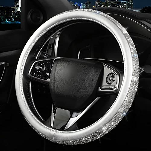 XIANGDING Bling Diamond Steering Wheel Cover Leather Steering Wheel Covers for Women Girls with Crystal Rhinestones Breathable AntiSlip Universal Fit 14515 Inch Bling Car AccessoriesSilver - Image 3