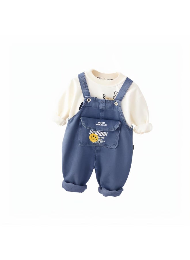 MiniMe Kids Jumpsuit 2-Piece Set| 6-9 Months | White & Blue | Organic Cotton Tee & Durable Denim Overalls | Hypoallergenic, Breathable Fabric | Elastic Waist | Machine Washable & Comfortable - Image 1
