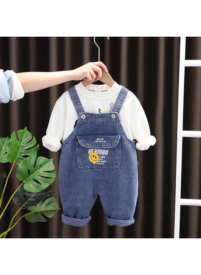 MiniMe Kids Jumpsuit 2-Piece Set| 6-9 Months | White & Blue | Organic Cotton Tee & Durable Denim Overalls | Hypoallergenic, Breathable Fabric | Elastic Waist | Machine Washable & Comfortable - Image 4