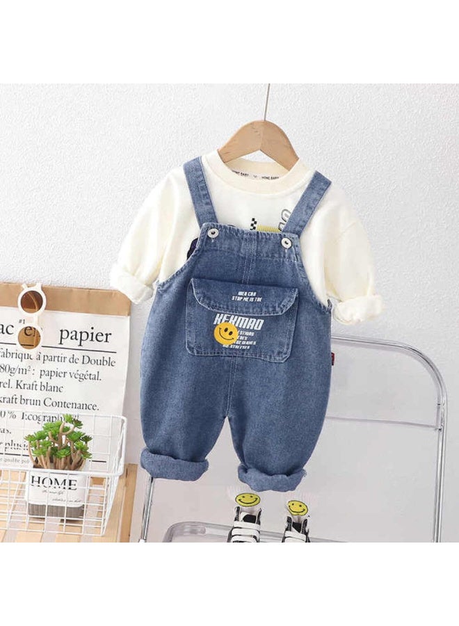 MiniMe Kids Jumpsuit 2-Piece Set| 6-9 Months | White & Blue | Organic Cotton Tee & Durable Denim Overalls | Hypoallergenic, Breathable Fabric | Elastic Waist | Machine Washable & Comfortable - Image 3