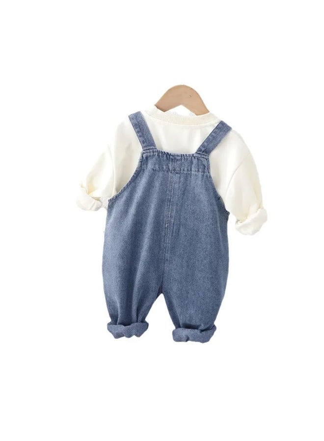 MiniMe Kids Jumpsuit 2-Piece Set| 6-9 Months | White & Blue | Organic Cotton Tee & Durable Denim Overalls | Hypoallergenic, Breathable Fabric | Elastic Waist | Machine Washable & Comfortable - Image 2