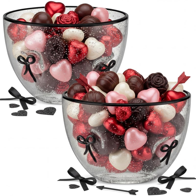 Potchen 2 Pcs Valentine's Day Candy Bowls, 14oz Black Bow Icon Glasses Snack Dessert Bowl Clear Bubble Serving Dish for Office Desk Valentines Day Gifts Party Favors Table Decoration - Image 1