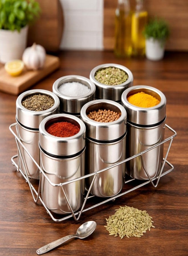 VISAXMI Stainless Steel Masala Box Set with Stand | 6 Containers & 6 Spoons | Spice Storage Organizer with See Through Lid | Premium Kitchen Masala (175 ml) - Image 1