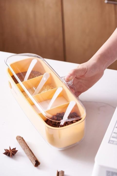JOLYMIT 4 Compartments Seasoning Box with Cover and Serving Spoons Kitchen Condiment Jars Seasoning Masala Box Spice Jar for Kitchen Multicolour 1 Pcs - Image 1
