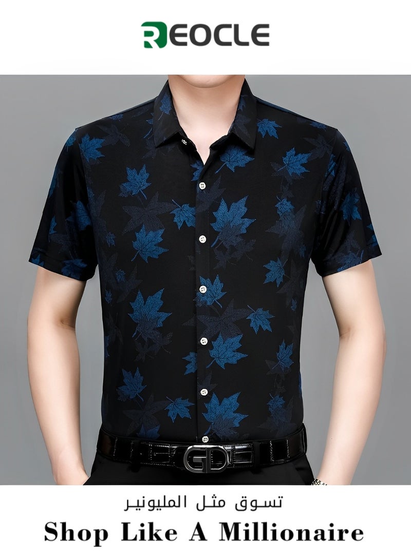 REOCLE Men's Shirt Short Sleeve Button Down Shirts Summer Casual Shirts with Print Slim-Fit Lapel Shirt - Image 1