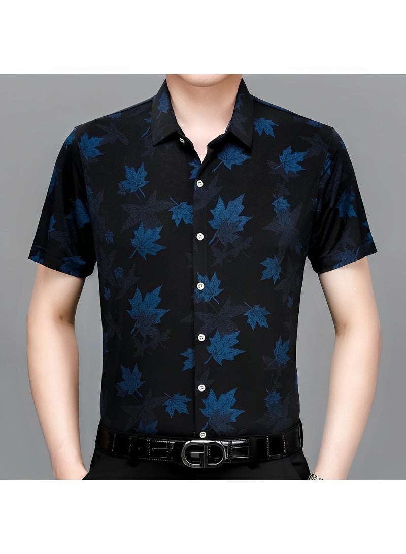 REOCLE Men's Shirt Short Sleeve Button Down Shirts Summer Casual Shirts with Print Slim-Fit Lapel Shirt - Image 2
