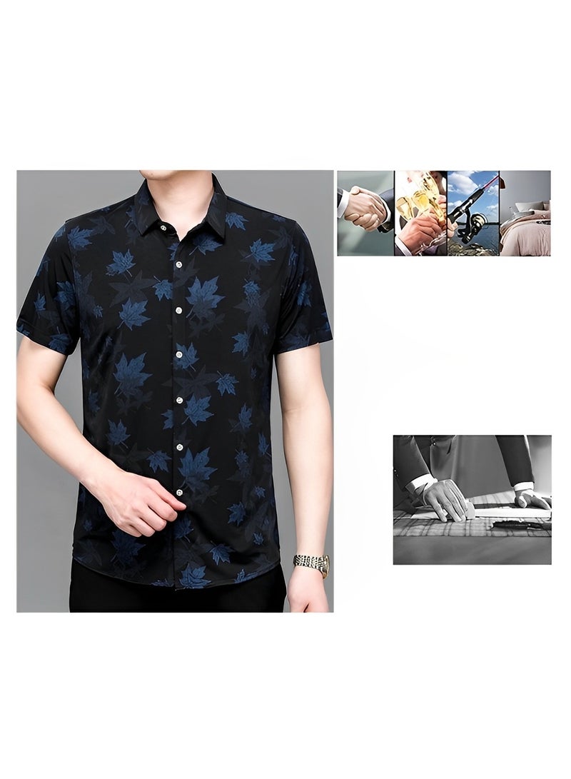 REOCLE Men's Shirt Short Sleeve Button Down Shirts Summer Casual Shirts with Print Slim-Fit Lapel Shirt - Image 3