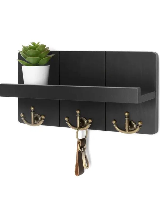 Black Farmhouse Key Holder Wall Mount with Shelf and 3 Hooks Rustic Entryway Decor - Image 1