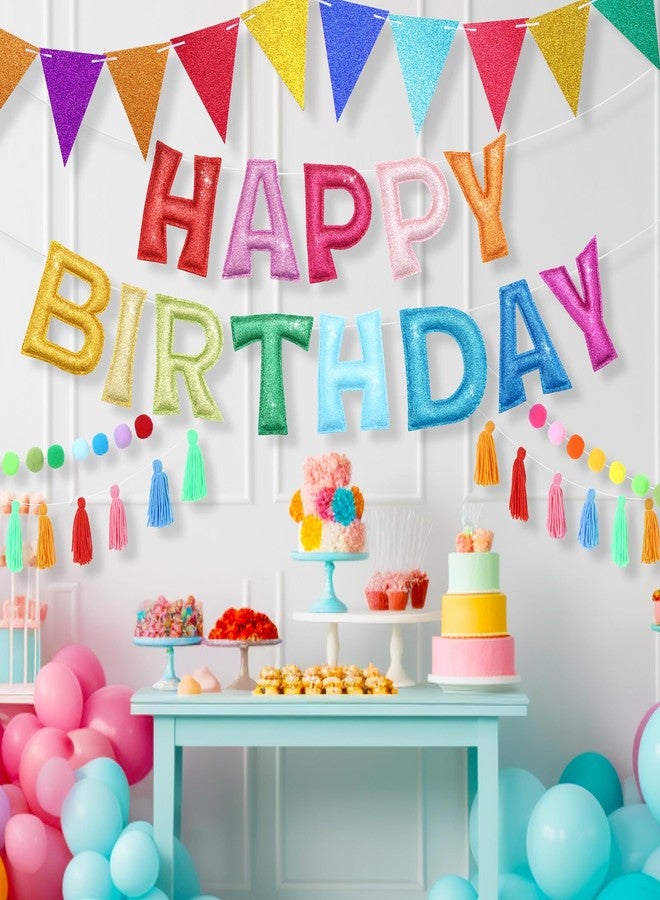 Mindsoft مجموعة زينة عيد ميلاد سعيد من Mindsoft مكونة من 5 قطع، مزينة بشرائط لامعة وكرات من اللباد، بالإضافة إلى شرائط ملونة وشرابات، لتزيين الحفلات للأطفال والكبار (قوس قزح). - Image 5